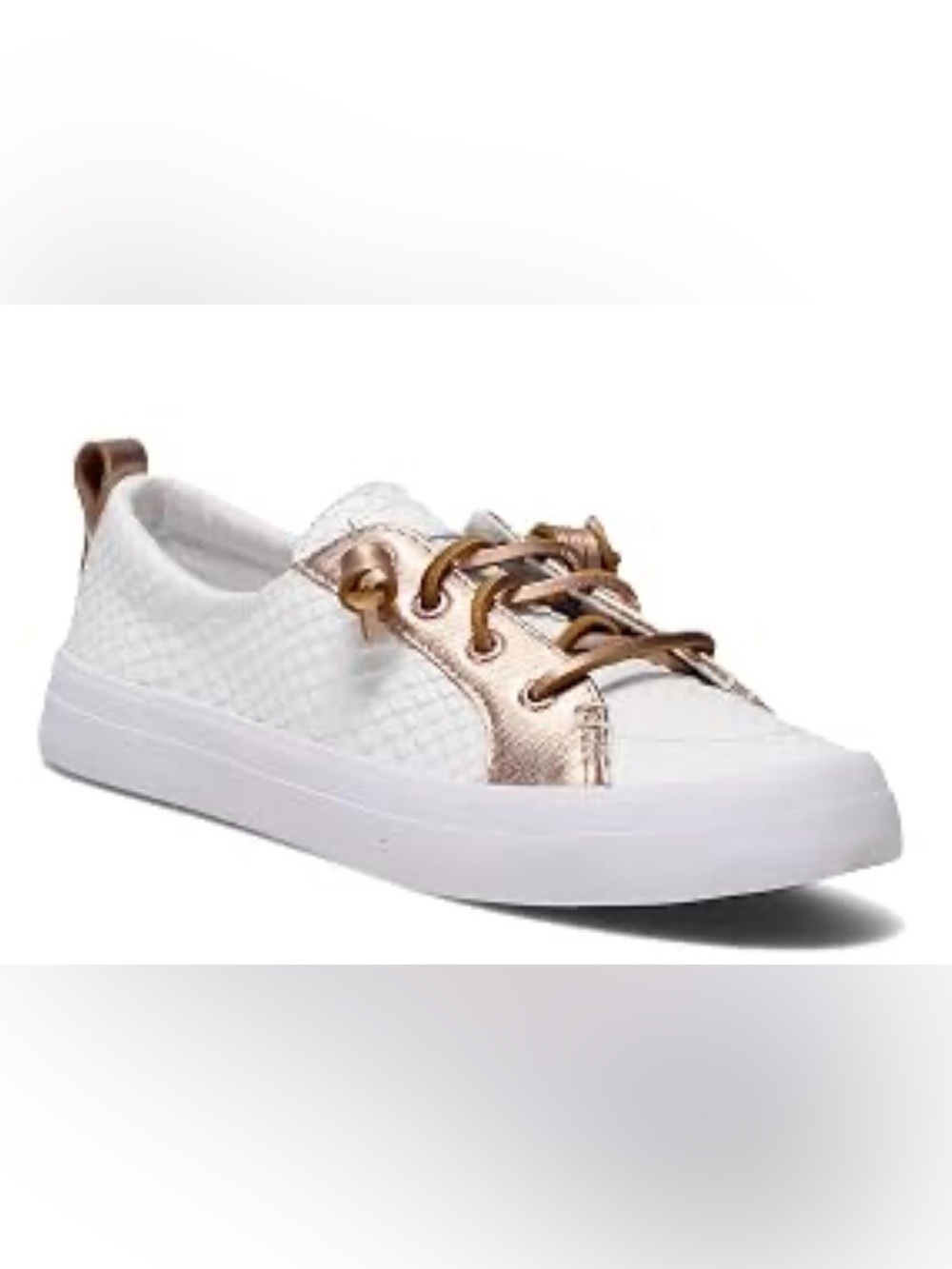 Sperry White Woven Low-Top Sneaker with Metallic Rose Accents